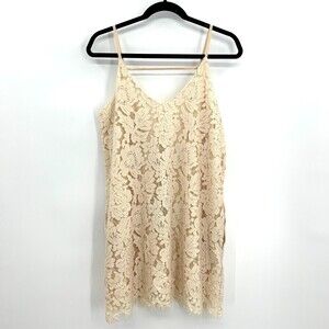 NWT CHASER Ivory Gold Metallic Strappy Lace V-Neck Shift Mini Dress Size Medium